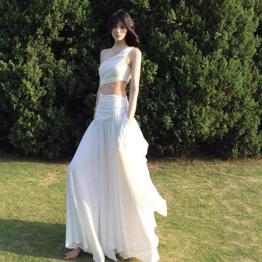 Women’s Ethereal White Long Dress – Shoulder & Waist Cut-Out Design