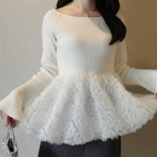 Women’s Long-Sleeve Knitted Patchwork Sweater – Floral Embroidered Casual Knit Top