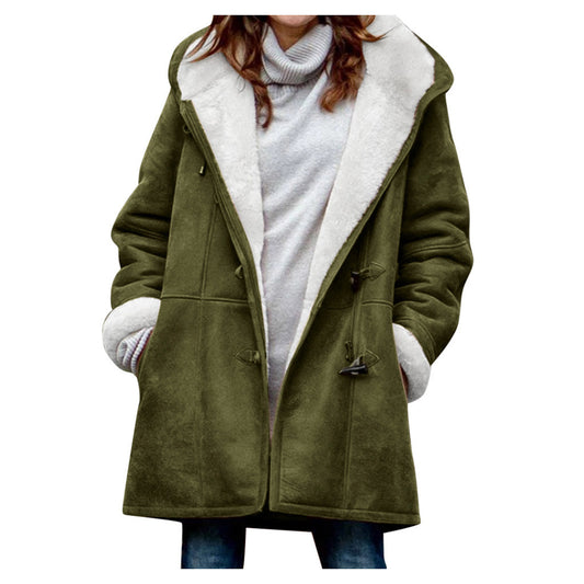 Women’s Winter Button Coat – Warm Hooded Jacket with Pockets