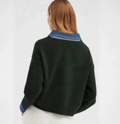 Women’s Cowboy Patchwork Fake Two-Piece Sweater – European Style Casual Knit Top