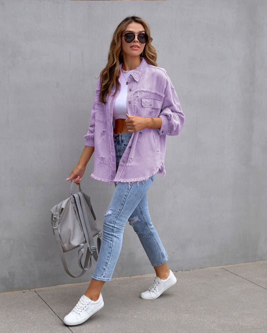 Women’s Fashion Ripped Shirt Jacket – Casual Autumn & Spring Top, Trendy Outerwear