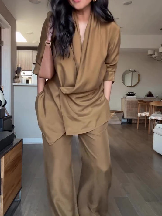 Women’s Satin Matching Set – Wrap Blouse with Wide-Leg Pants