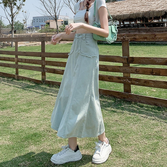 Women’s High Waist Denim Skirt – Summer Fishtail Midi Skirt, Loose & Slimming Jeans Skirt