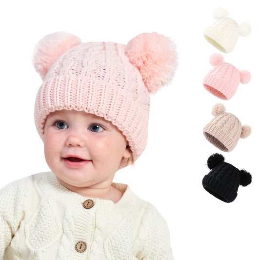 Children's Twisted Woolen Hat – Solid Color Double Ball Knit Cap