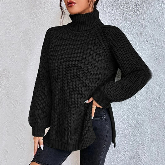 Women’s Turtleneck Pullover Sweater – Solid Color Long Sleeve Top with Split Design