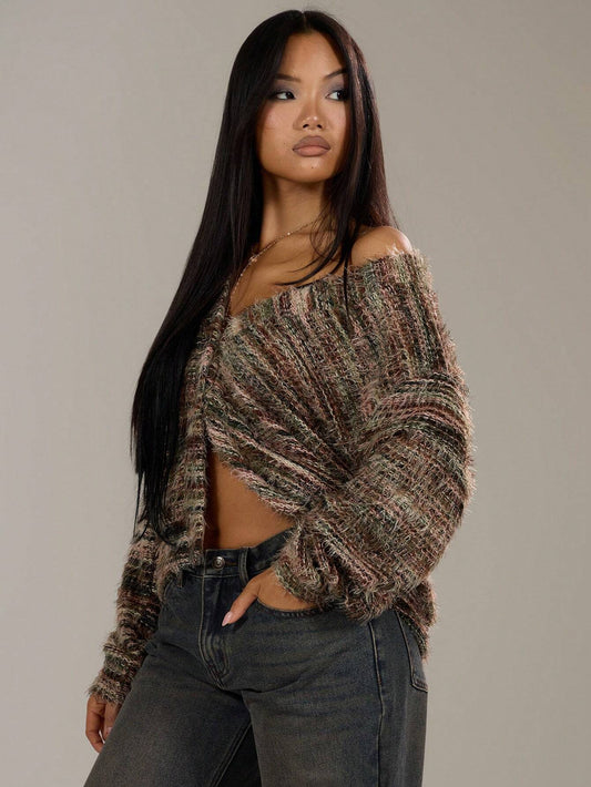 Women’s Winter Striped Knitted Cardigan – Buttoned V-Neck Cropped Long Sleeve Sweater