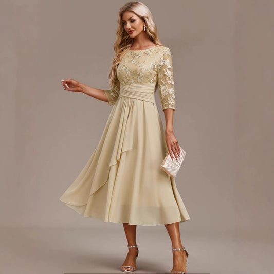 Women’s Elegant Lace Spliced Dress – Round‑Neck, Cross‑border Style