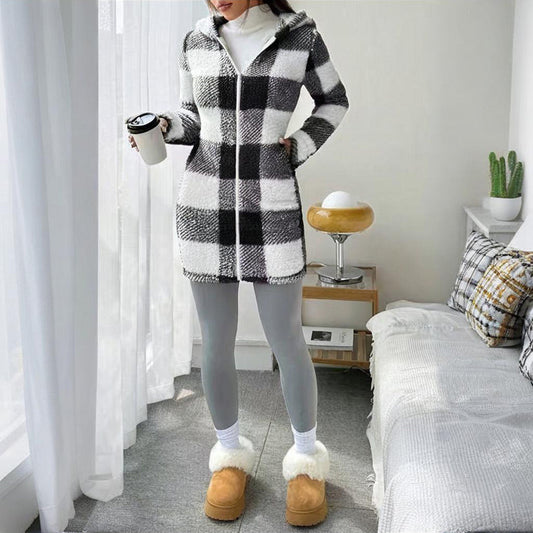Women’s Winter Plaid Coat – Long Hooded Sherpa Jacket with Warm Fleece Lining