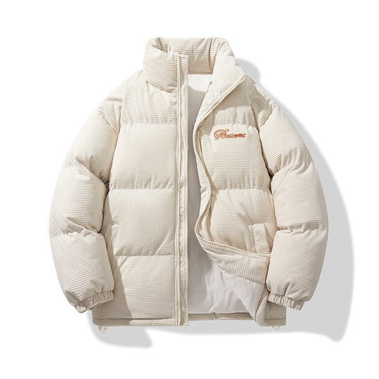 Men’s Winter Retro Cotton Padded Jacket – American-Style Stand-Up Collar with Embroidery