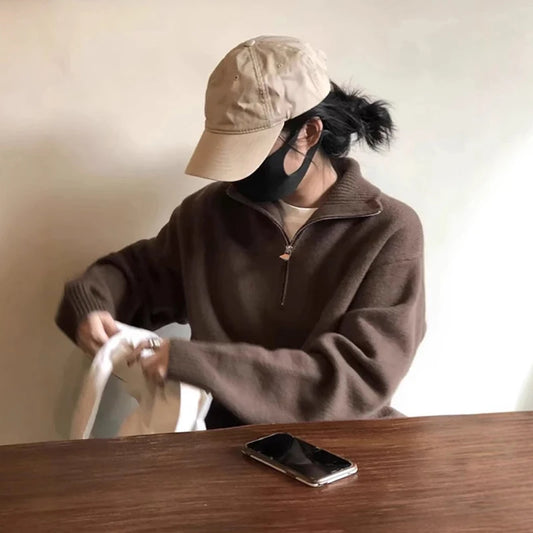 Women’s Half-Zip Stand Collar Pullover – Solid Color Casual Knit Sweater (2026 Autumn/Winter)