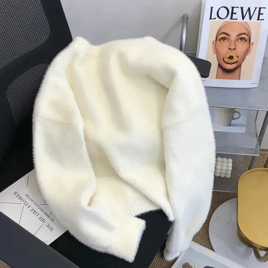 Korean Style O-Neck Velvet Knitted Cardigan – Soft Loose Pearl Button Sweater for Women (2026)