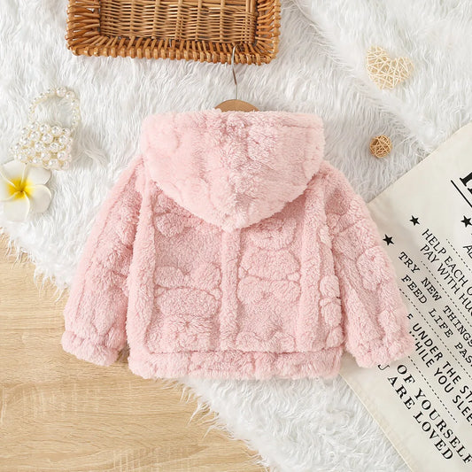 Baby Girl Princess Pink Fleece Jacket – Hooded Winter Coat with Love Pattern for Toddlers