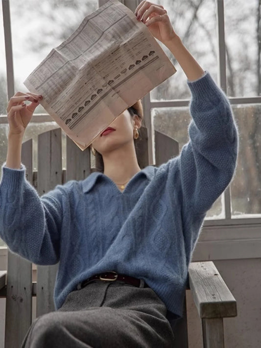 Women’s Retro Blue Twist Lapel Cashmere Sweater – Lazy Style Pullover for Autumn & Winter