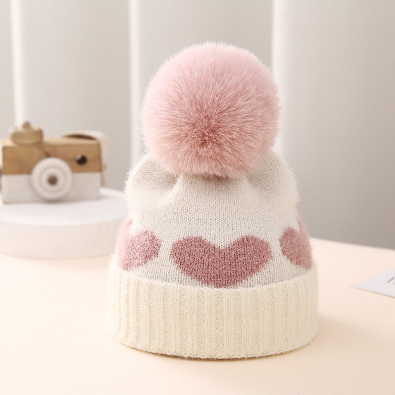 Baby Double-Layer Jacquard Hat – Thickened Heart Pattern Winter Cap