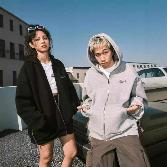 Unisex Zip-Up Hoodie – Trendy High-Street Hooded Cardigan for Couples