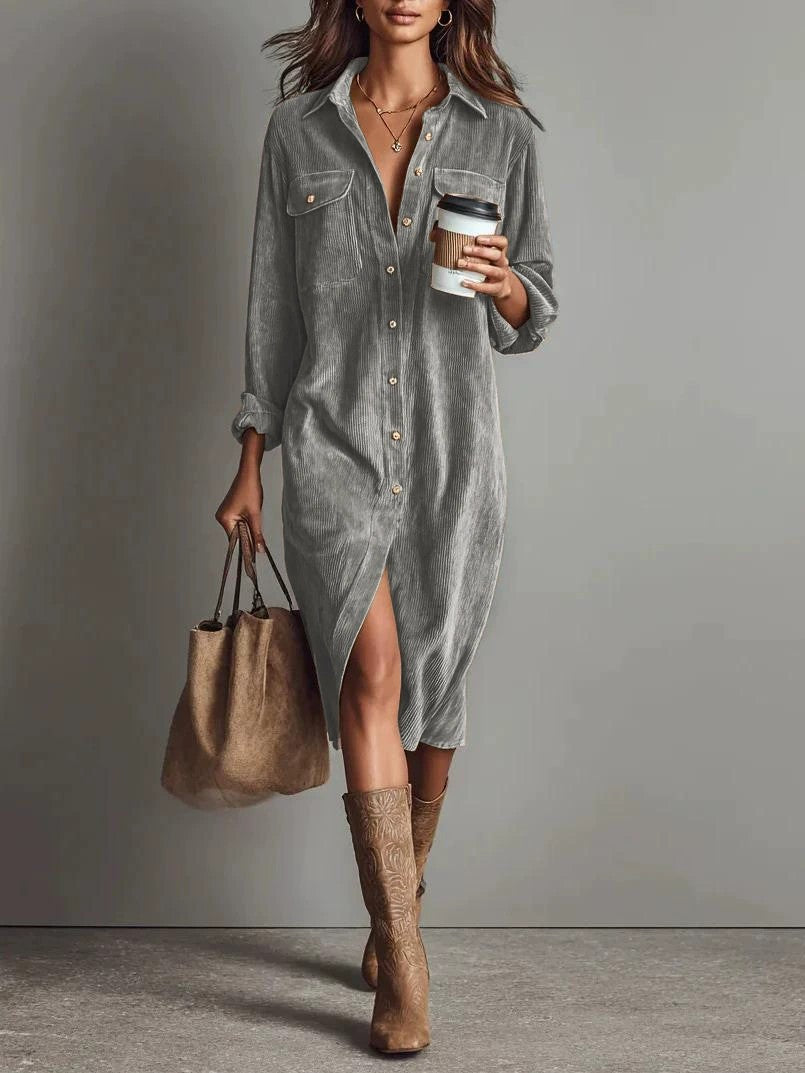 Women’s Long-Sleeve Turn-Down Collar Button Dress – Chic Casual Solid Spring/Autumn Party & Holiday Outfit