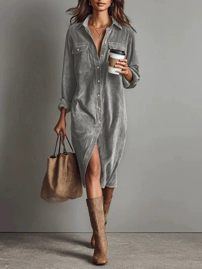 Women’s Long-Sleeve Turn-Down Collar Button Dress – Chic Casual Solid Spring/Autumn Party & Holiday Outfit