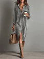 Women’s Long-Sleeve Turn-Down Collar Button Dress – Chic Casual Solid Spring/Autumn Party & Holiday Outfit