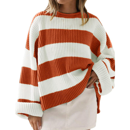 Women’s Loose Striped Sweater – Casual Long Batwing Sleeve Round Neck Pullover Knit Top