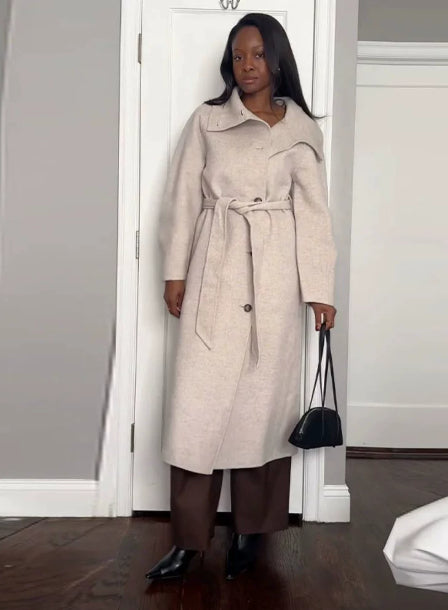 Women’s Retro Solid Stand Collar Long Tweed Coat