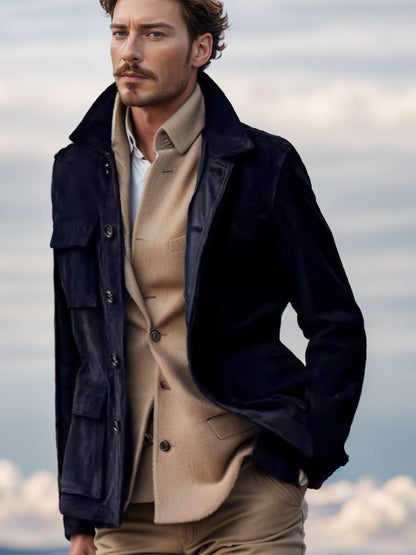 Men’s Regular Cowhide Leather Coat – Casual Trench Jacket with Multi-Pockets