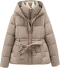 Women’s Short Hooded Coat – Waist-Cinching Slim-Fit Tie-Front Warm Jacket