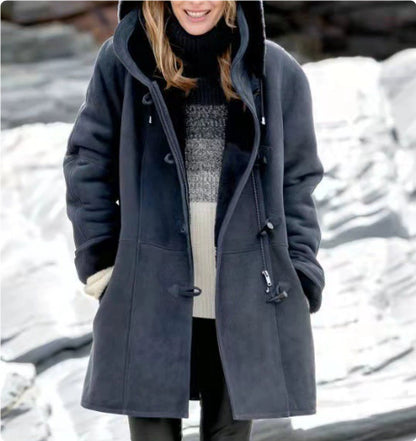 Women’s Winter Button Coat – Warm Hooded Jacket with Pockets