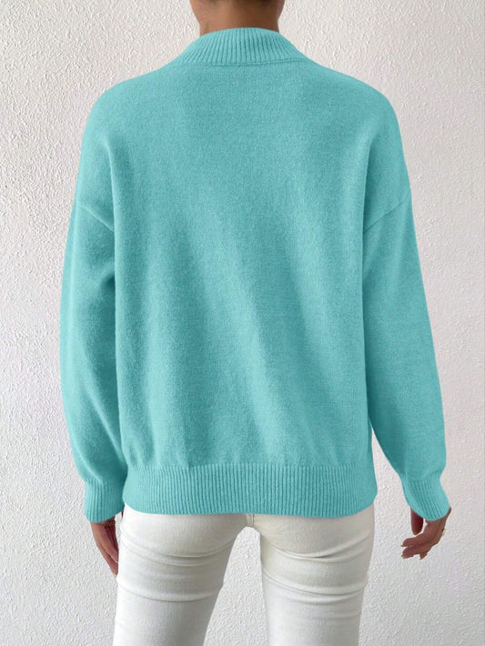 Women’s Solid Color Pullover Sweater – Mid-High Neck Long Sleeve Knitted Top