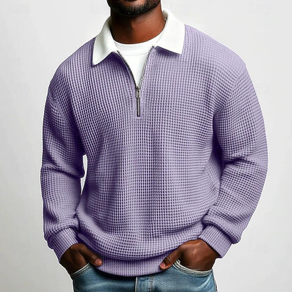 Men’s Solid Color Waffle-Weave Long-Sleeve Zip-Up Polo Shirt with Lapel Collar