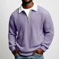Men’s Solid Color Waffle-Weave Long-Sleeve Zip-Up Polo Shirt with Lapel Collar