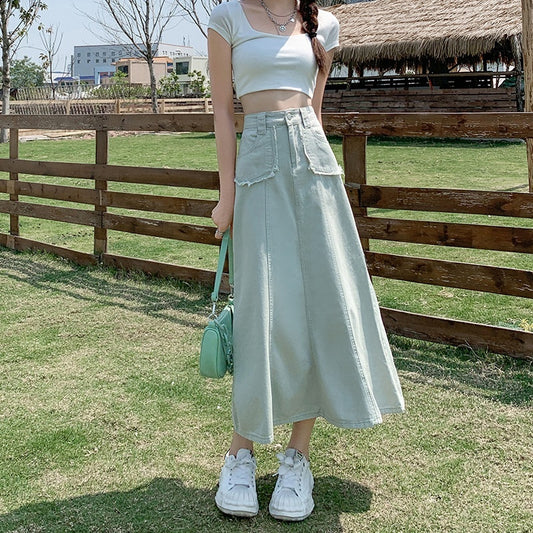 Women’s High Waist Denim Skirt – Summer Fishtail Midi Skirt, Loose & Slimming Jeans Skirt