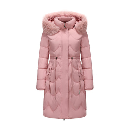 Women’s Mid-Length Cotton Coat with Big Fur Collar – Thickened Waist-Cinching Winter Jacket