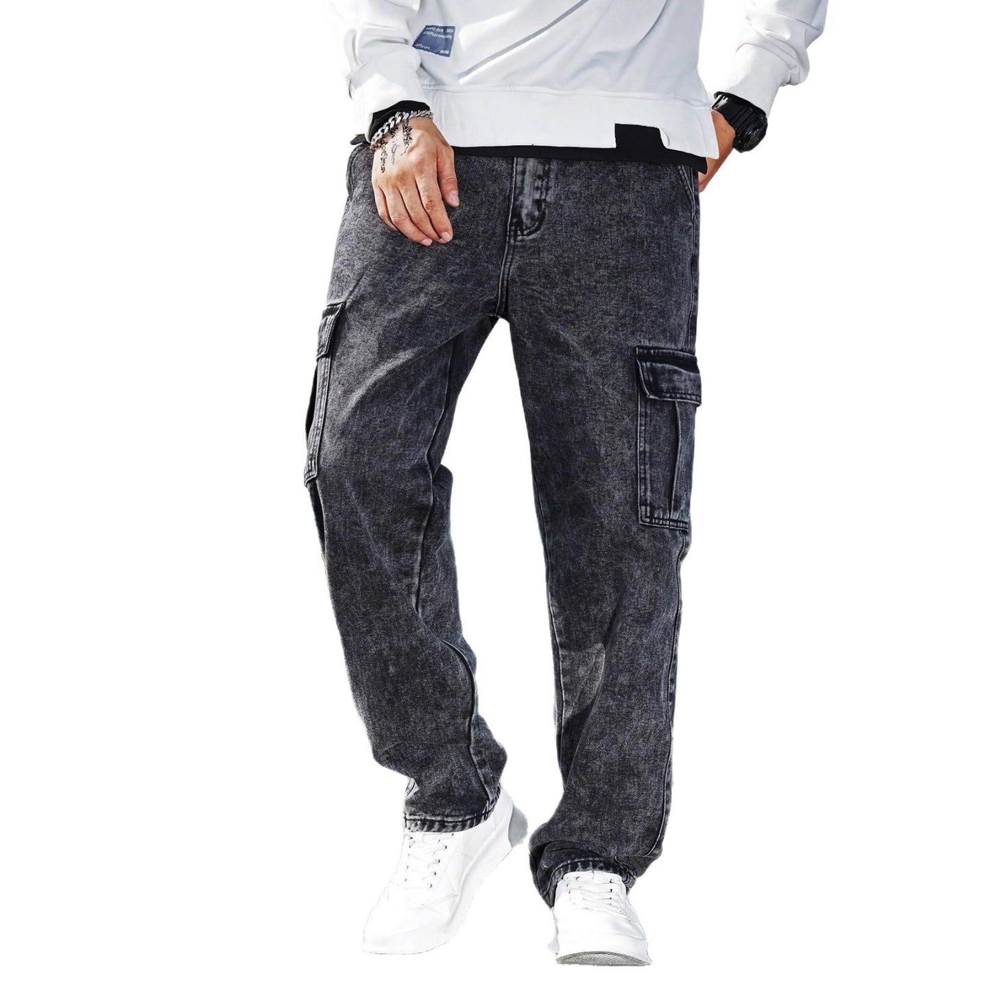 Men’s Loose-Fit Multi-Pocket Denim Jeans – Fashionable Street-Style Workwear