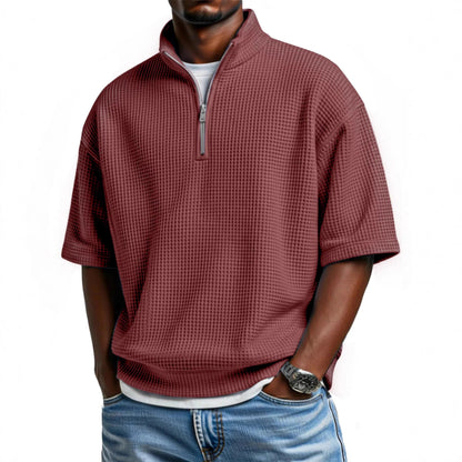 Men’s Waffle-Knit Short-Sleeve Polo Shirt – Loose-Fit Half-Zip Casual T-Shirt