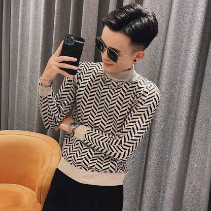 Men’s Contrast-Color Knit Crew Neck Sweater – Fashionable Casual Pullover