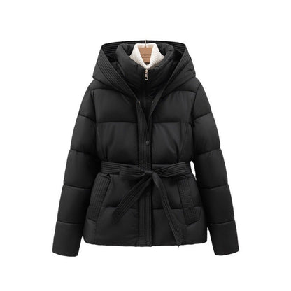 Women’s Short Hooded Coat – Waist-Cinching Slim-Fit Tie-Front Warm Jacket
