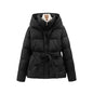 Women’s Short Hooded Coat – Waist-Cinching Slim-Fit Tie-Front Warm Jacket