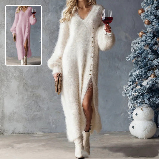 Women’s Chic Split Knitted Maxi Dress – Button Design V-Neck Fleece Winter Evening Party Dress