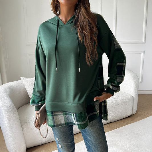 Women’s Vintage Oversized Hoodie – Plaid Patchwork Y2K Streetwear Long Sleeve Sweatshirt