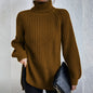 Women’s Turtleneck Pullover Sweater – Solid Color Long Sleeve Top with Split Design