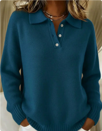 Women’s Printed Lapel Sweater – Casual Long-Sleeve Buttoned Knitted Pullover Top