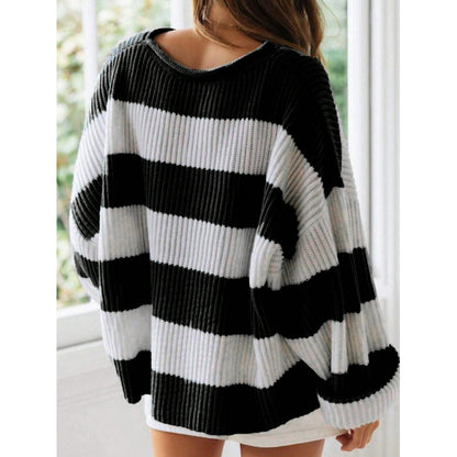 Women’s Loose Striped Sweater – Casual Long Batwing Sleeve Round Neck Pullover Knit Top