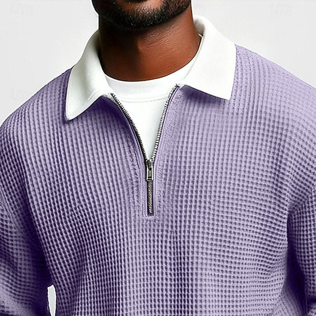 Men’s Solid Color Waffle-Weave Long-Sleeve Zip-Up Polo Shirt with Lapel Collar