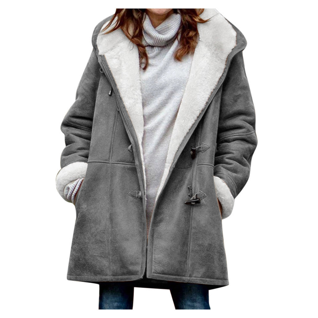 Women’s Winter Button Coat – Warm Hooded Jacket with Pockets