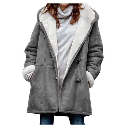 Women’s Winter Button Coat – Warm Hooded Jacket with Pockets