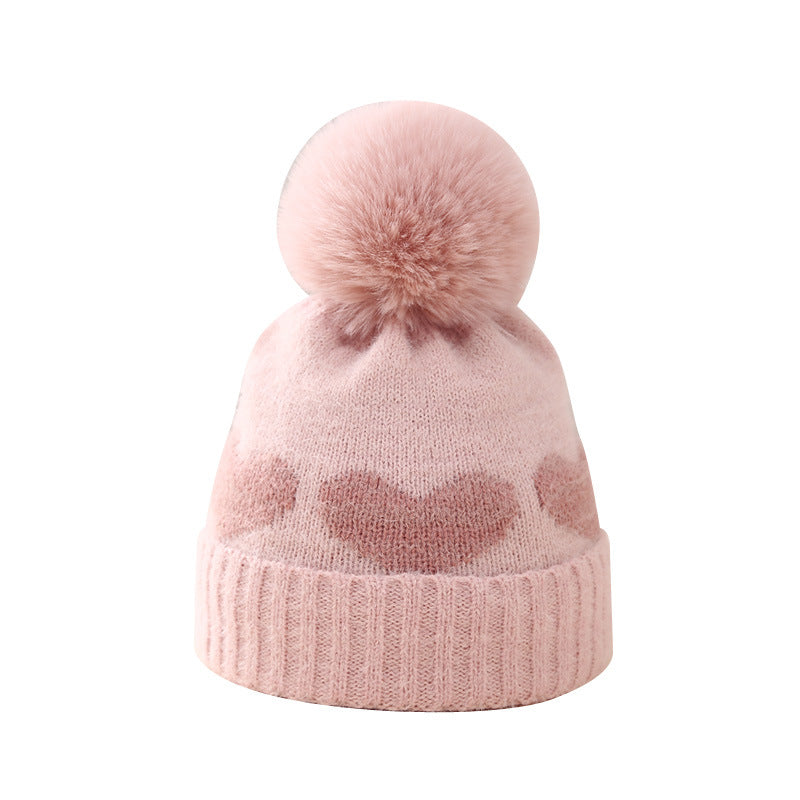 Baby Double-Layer Jacquard Hat – Thickened Heart Pattern Winter Cap