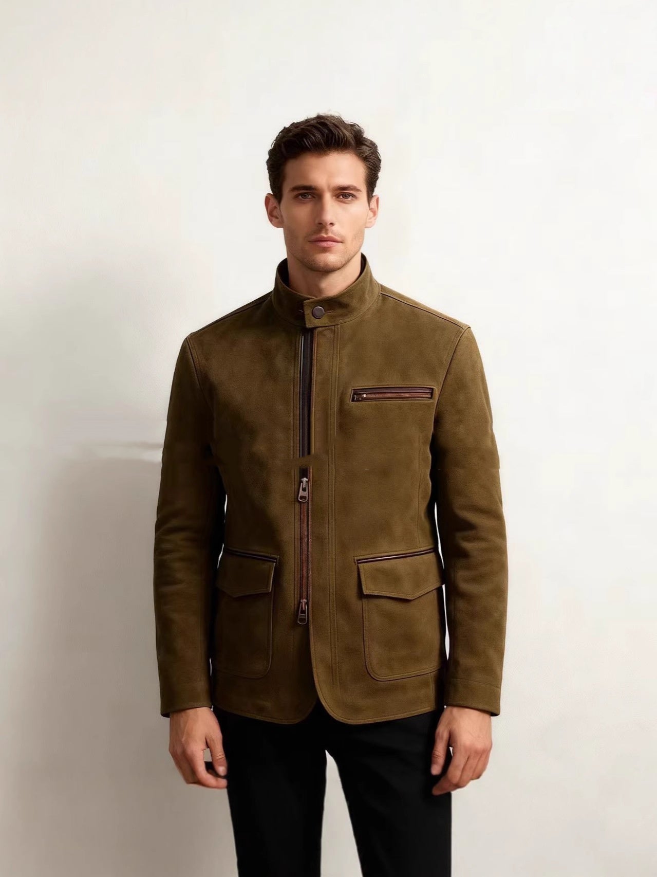 Men’s Stand-Up Collar Zip-Up Jacket – Casual Vintage Outerwear Coat