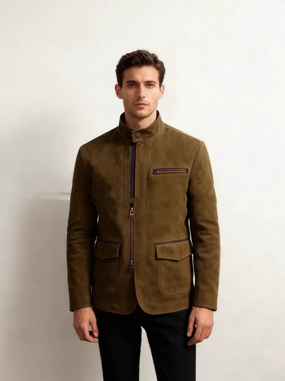 Men’s Stand-Up Collar Zip-Up Jacket – Casual Vintage Outerwear Coat