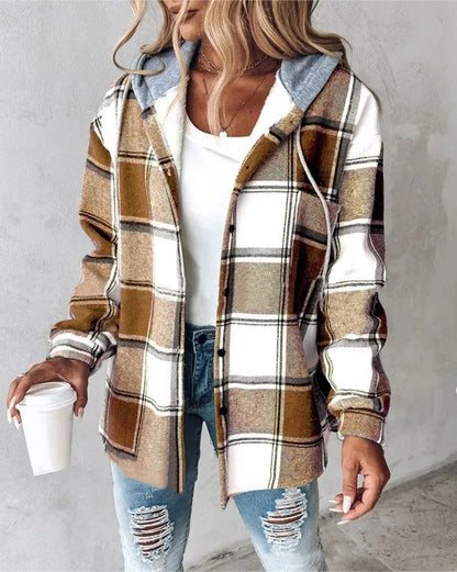 Women’s Plaid Hooded Jacket – Casual Buttoned Pocket Coat for Autumn & Winter