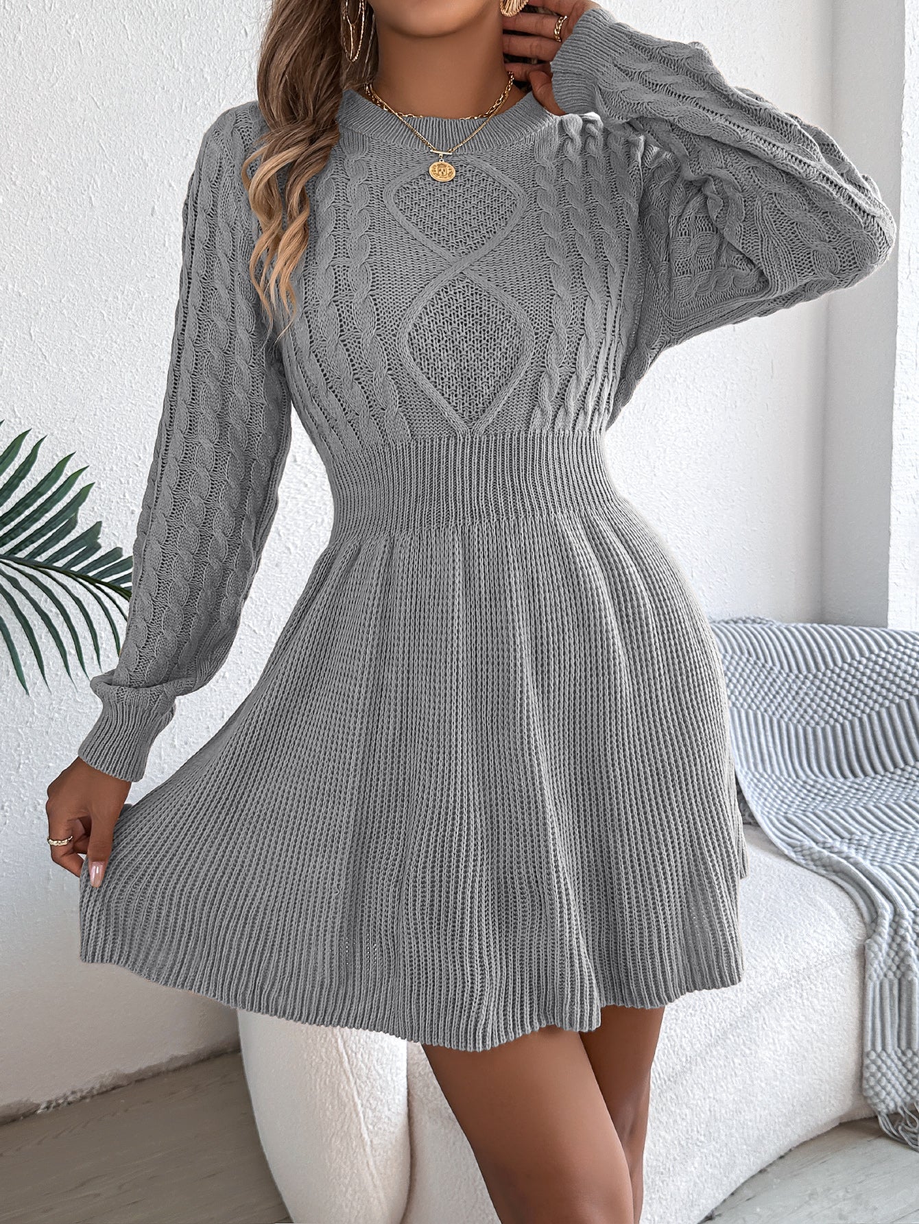 Women’s Cable Knit Sweater Dress with Lantern Sleeves & Cinched Waist – Solid Color Winter Outfit